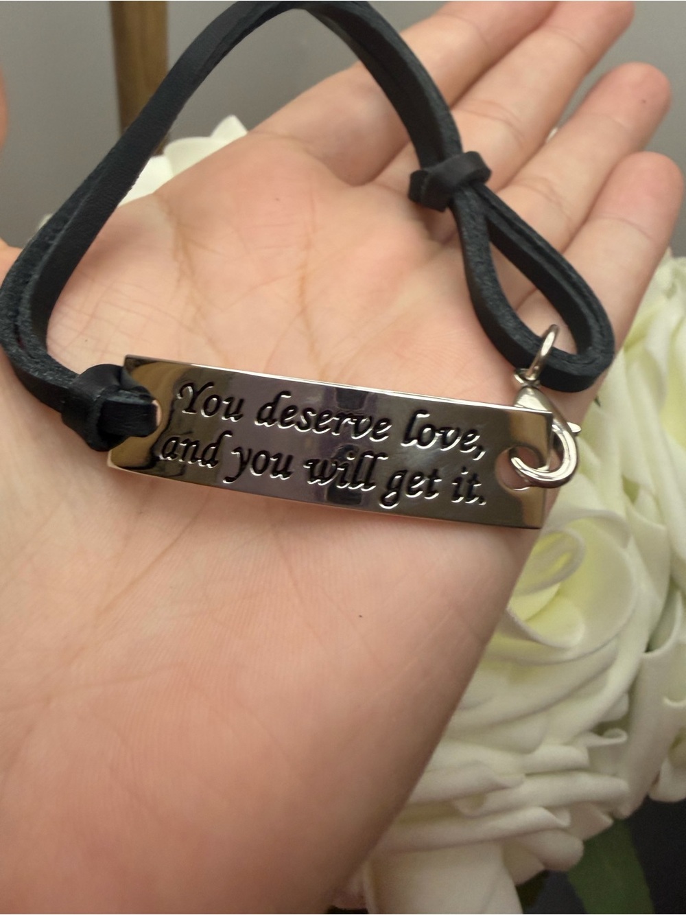 Engraved Inspirational Leather Bracelet — Black Silver Plate
